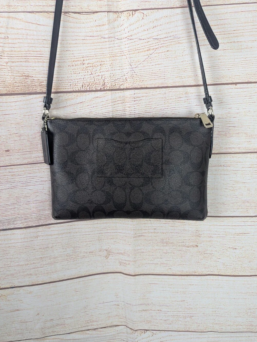 COACH Signature Leather Crossbody Bag Brown Black Canvas Print Zip Pocket Purse
